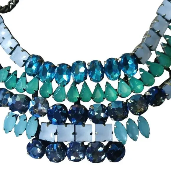 BR Banana Republic Statement Necklace Bib Mosiac Blue Rhinestone Charm - Picture 3 of 9